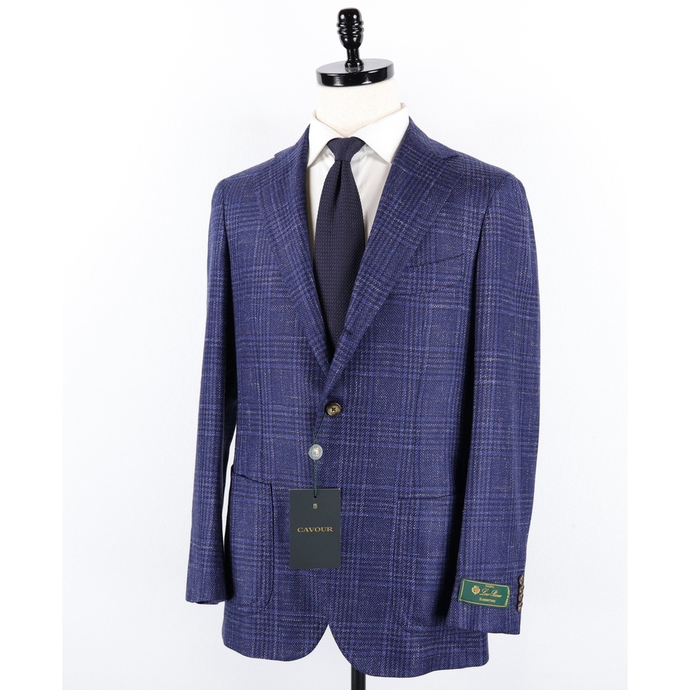 New Cavour Sport Coat 38R Navy Blue Glencheck Loro Piana Wool Silk Linen NWT